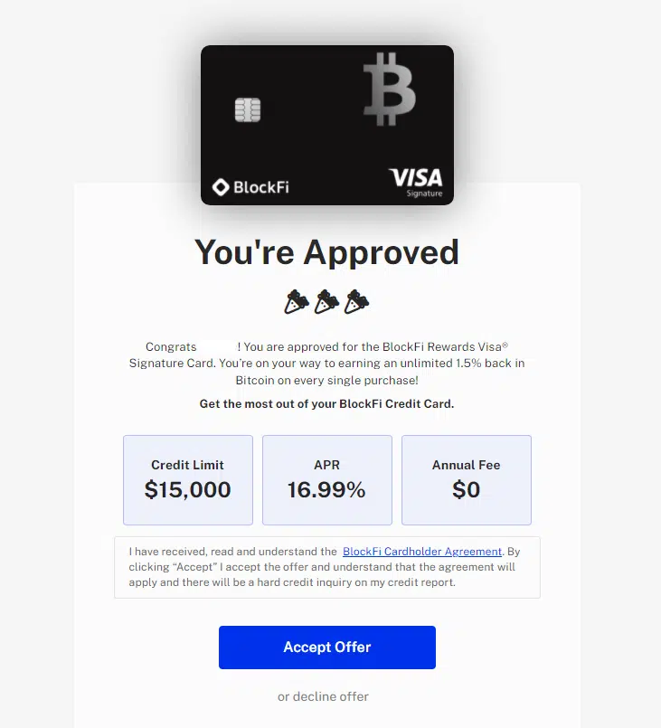 Screenshot of BlockFi Preapproval